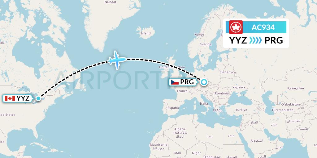 AC934 Air Canada Flight Map: Toronto to Prague