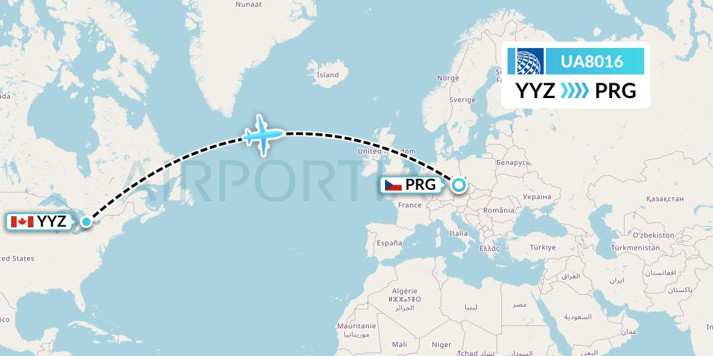 UA8016 United Airlines Flight Map: Toronto to Prague
