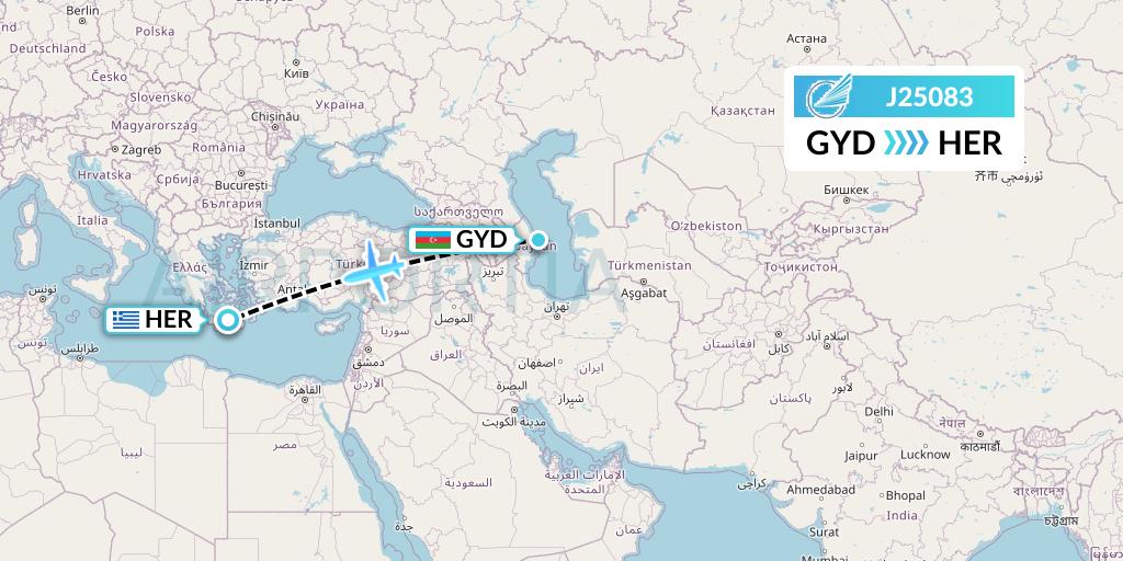 J25083 Azerbaijan Airlines Flight Map: Baku to Heraklion
