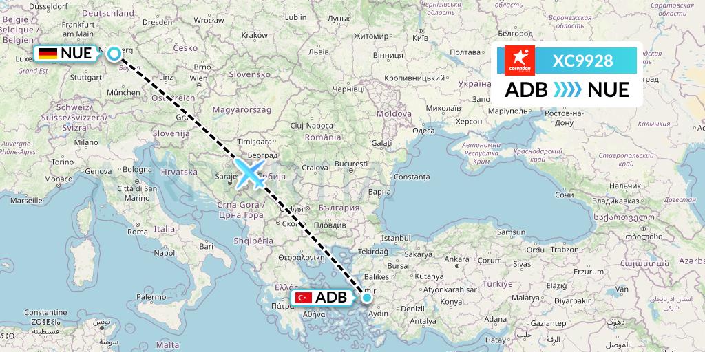 XC9928 Corendon Airlines Flight Map: Izmir to Nurnberg