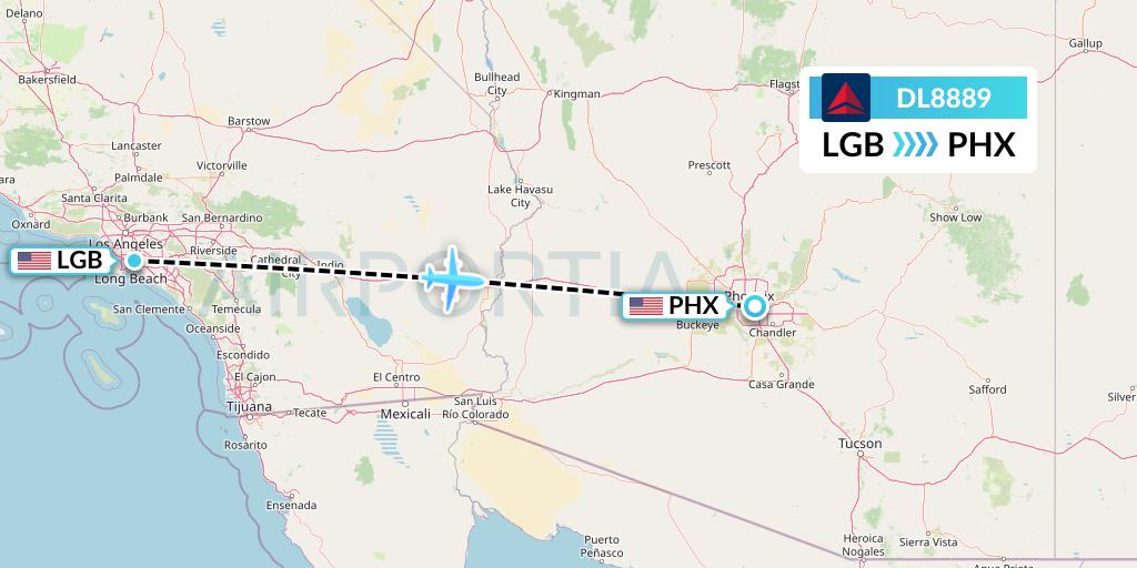 DL8889 Delta Air Lines Flight Map: Long Beach to Phoenix