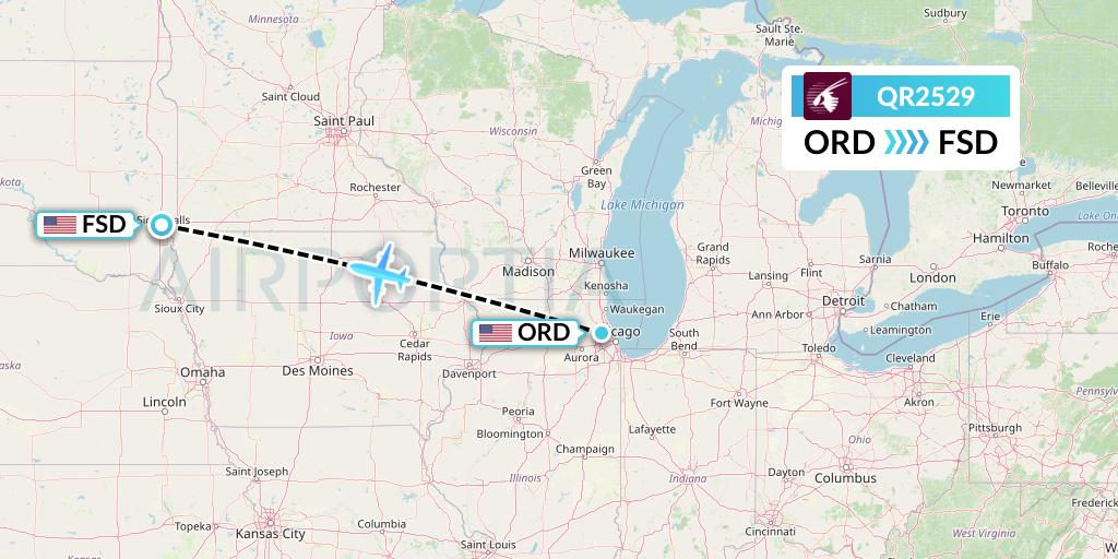 QR2529 Qatar Airways Flight Map: Chicago to Sioux Falls