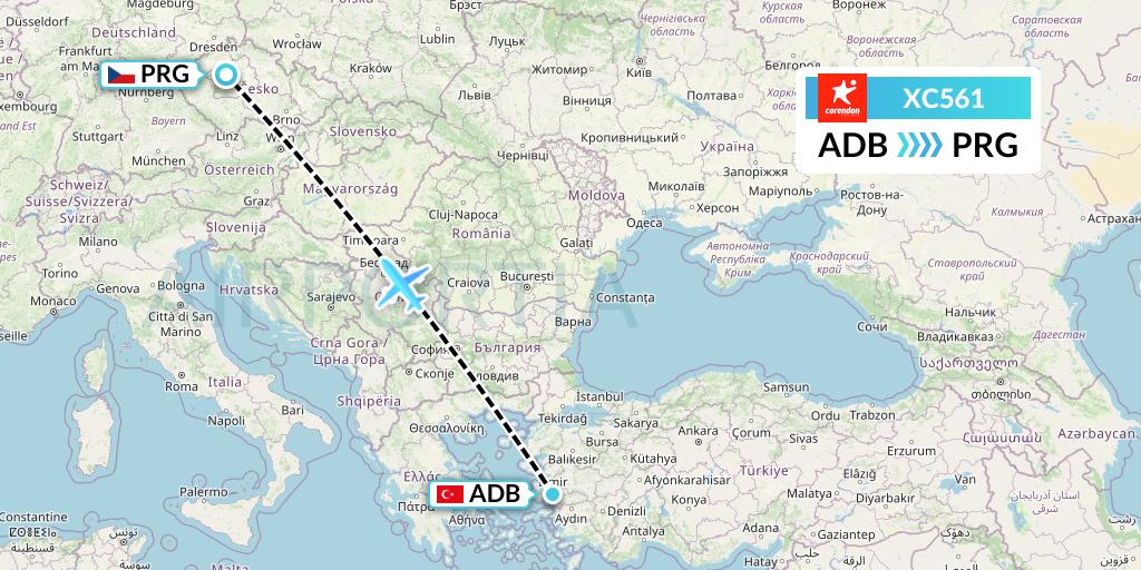 XC561 Corendon Airlines Flight Map: Izmir to Prague