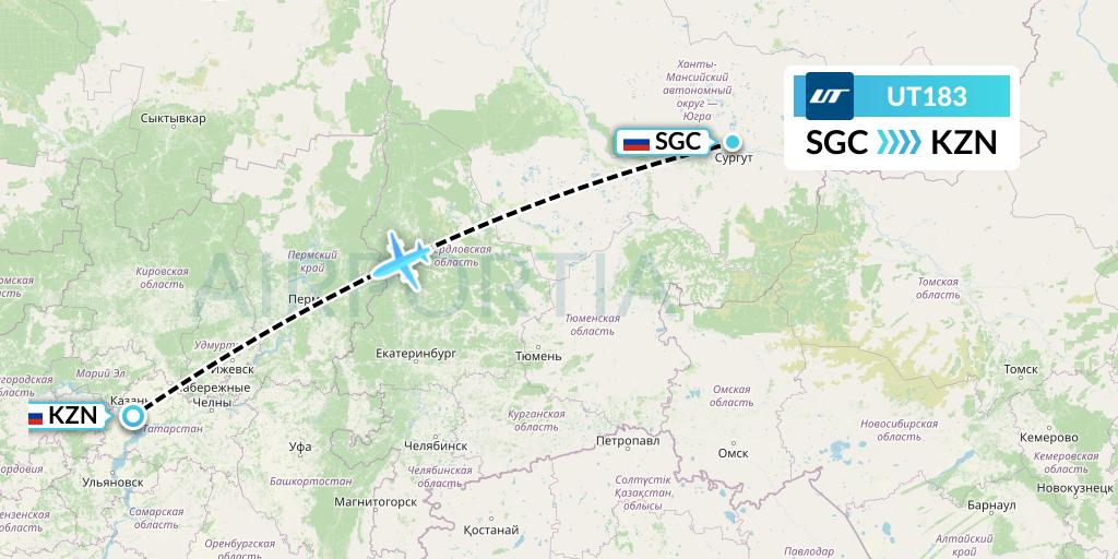 UT183 UTair Flight Map: Surgut to Kazan