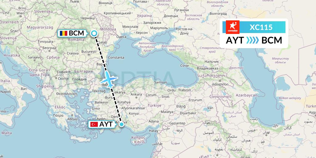 XC115 Corendon Airlines Flight Map: Antalya to Bacau