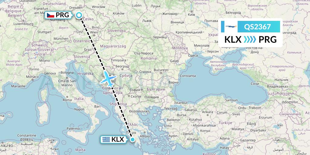 QS2367 Smartwings Flight Map: Kalamata to Prague