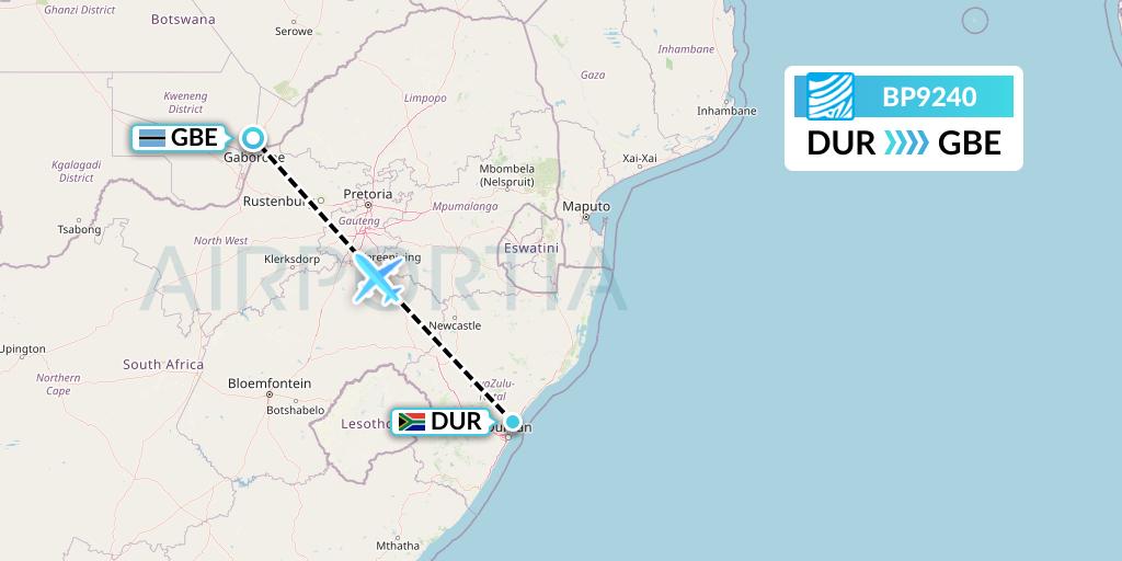 BP9240 Air Botswana Flight Map: Durban to Gaborone