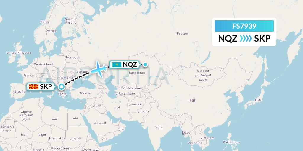 FS7939 Flyr Flight Map: Astana to Skopje