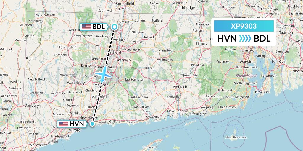 XP9303 Avelo Airlines Flight Map: New Haven to Windsor Locks