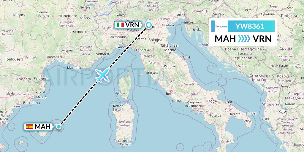 YW8361 Air Nostrum Flight Map: Mahon to Verona