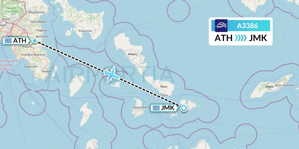 A3386 Aegean Airlines Flight Map: Athens to Mykonos