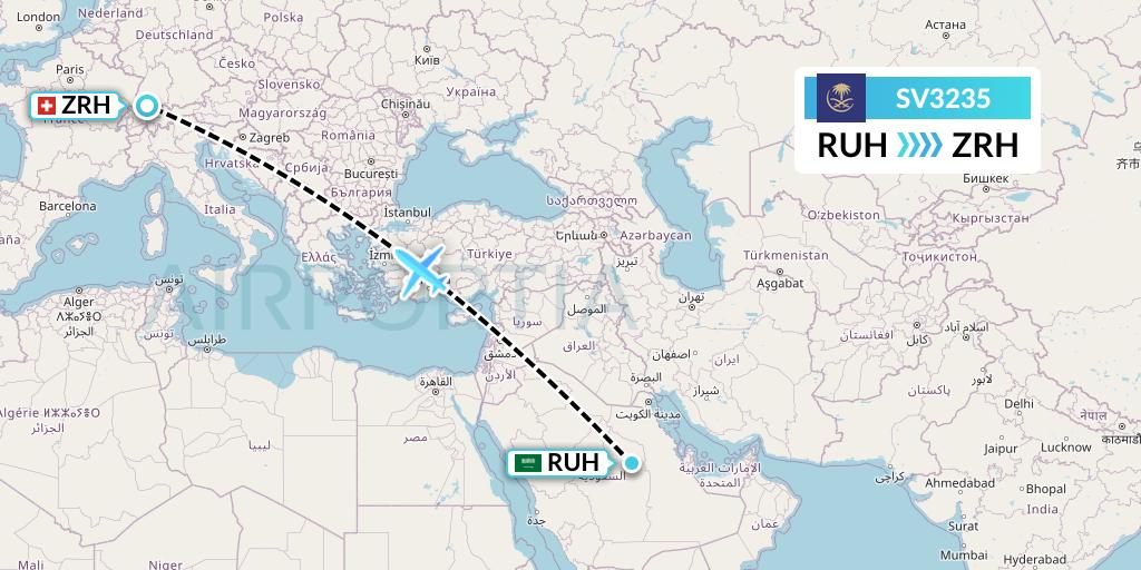 SV3235 Saudi Arabian Airlines Flight Map: Riyadh to Zurich