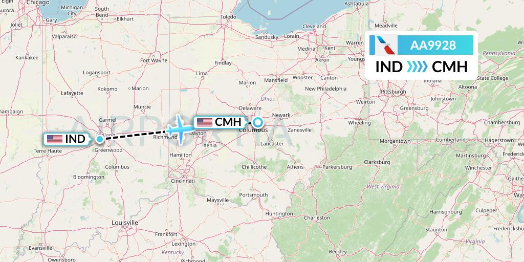 AA9928 American Airlines Flight Map: Indianapolis to Columbus