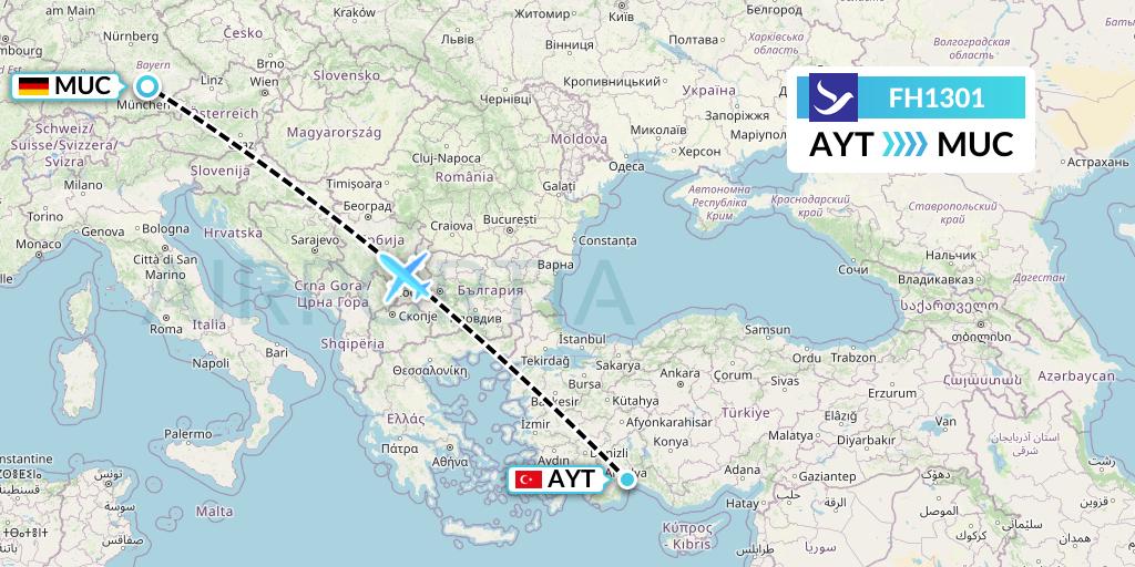 FH1301 Freebird Airlines Flight Map: Antalya to Munich