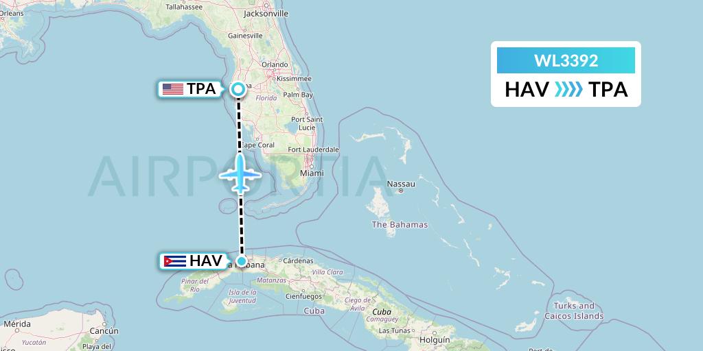WL3392 World Atlantic Airlines Flight Map: Havana to Tampa