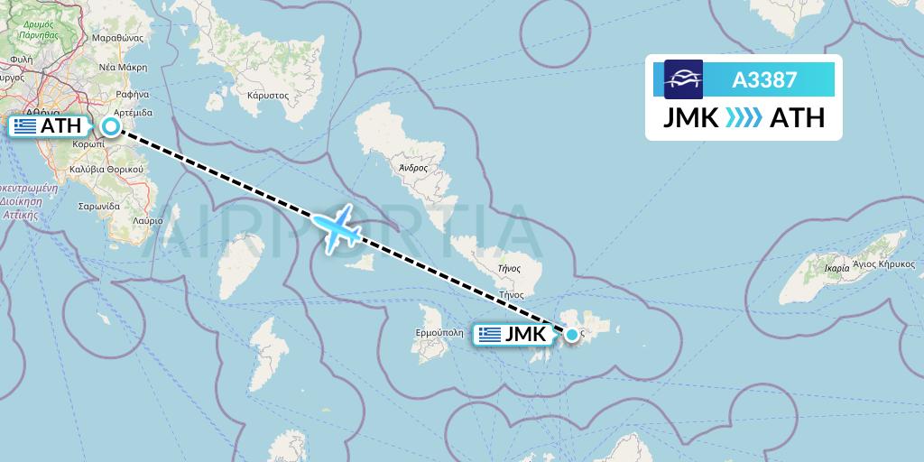 A3387 Aegean Airlines Flight Map: Mykonos to Athens