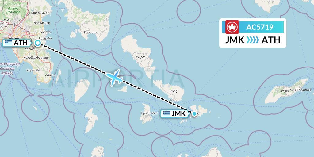 AC5719 Air Canada Flight Map: Mykonos to Athens