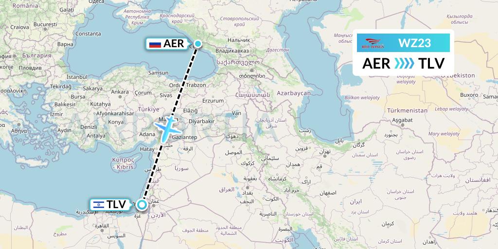 WZ23 Red Wings Flight Map: Sochi to Tel Aviv