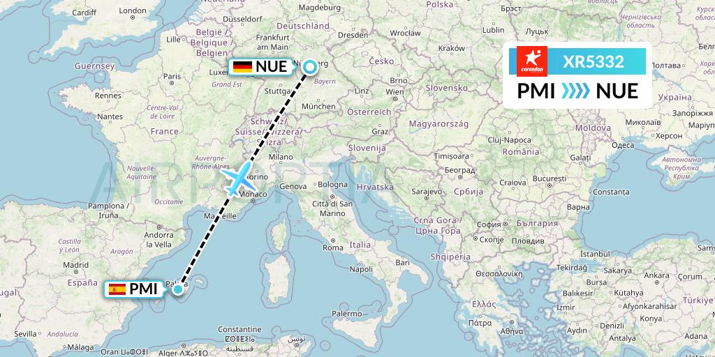XR5332 Corendon Airlines Europe Flight Map: Palma de Mallorca to Nurnberg