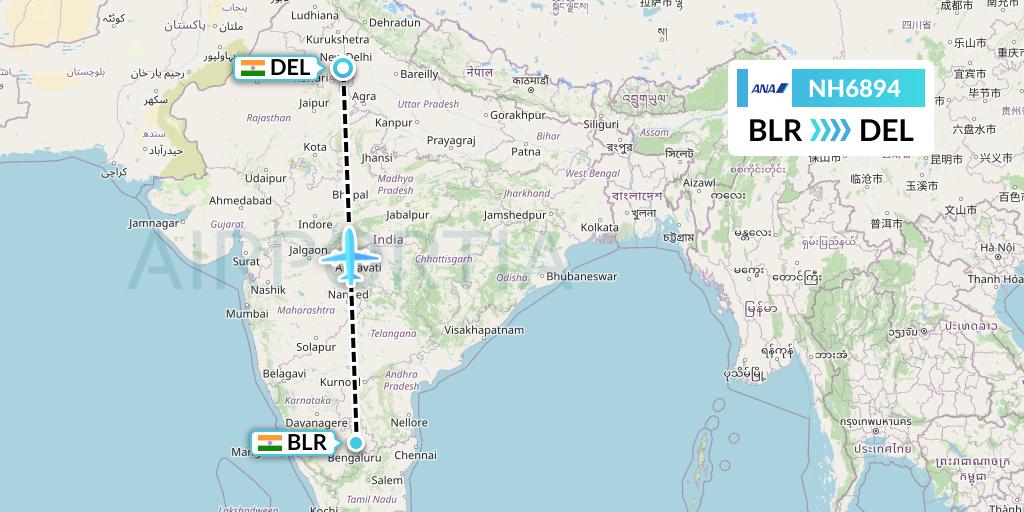 NH6894 All Nippon Airways Flight Map: Bangalore to Delhi