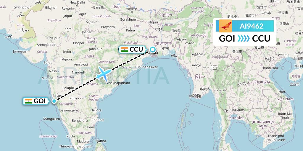 AI9462 Air India Flight Map: Goa to Kolkata