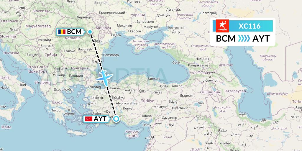 XC116 Corendon Airlines Flight Map: Bacau to Antalya