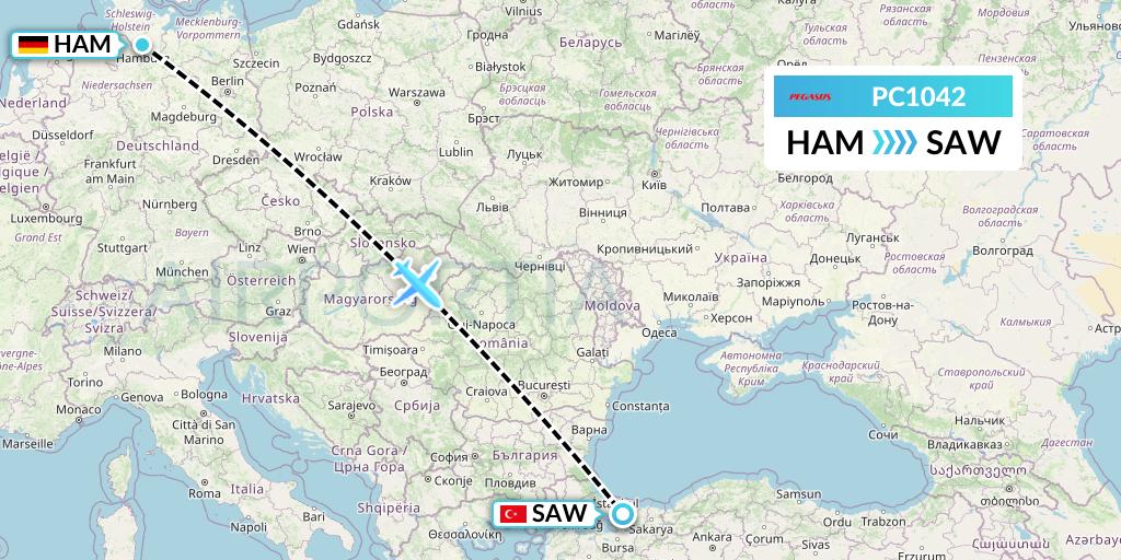 PC1042 Pegasus Airlines Flight Map: Hamburg to Istanbul