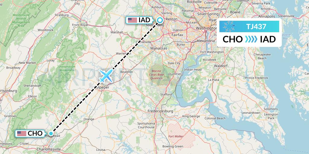 TJ437 Tradewind Aviation Flight Map: Charlottesville to Washington