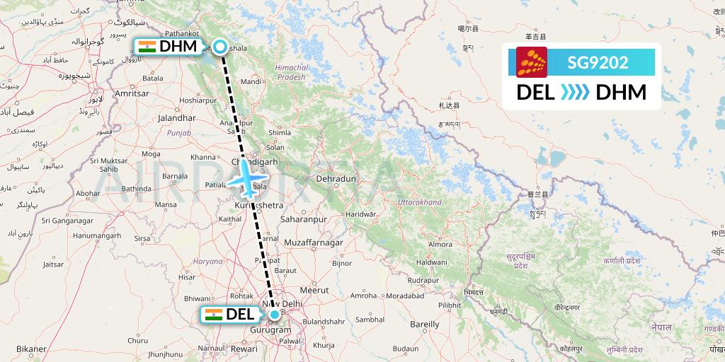 SG9202 SpiceJet Flight Map: Delhi to Dharamsala
