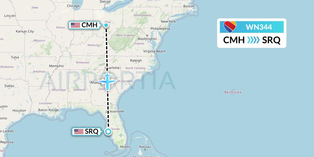 WN344 Southwest Airlines Flight Map: Columbus to Sarasota
