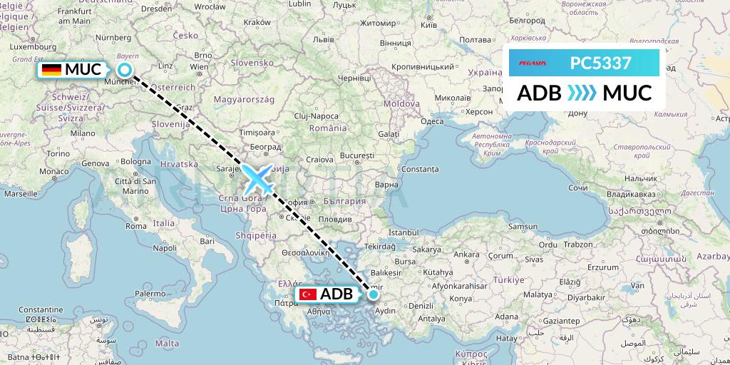 PC5337 Pegasus Airlines Flight Map: Izmir to Munich
