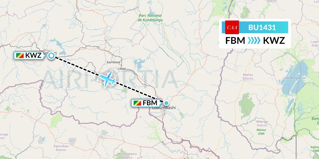 BU1431 flyCAA Flight Map: Lubumbashi to Congo