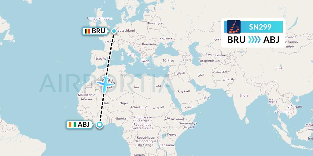 SN299 Brussels Airlines Flight Map: Brussels to Abidjan