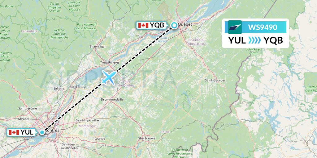 WS9490 WestJet Flight Map: Montreal to Quebec