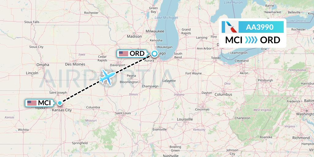 AA3990 American Airlines Flight Map: Kansas City to Chicago