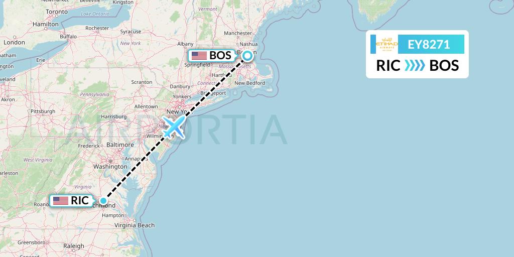 EY8271 Etihad Airways Flight Map: Richmond to Boston