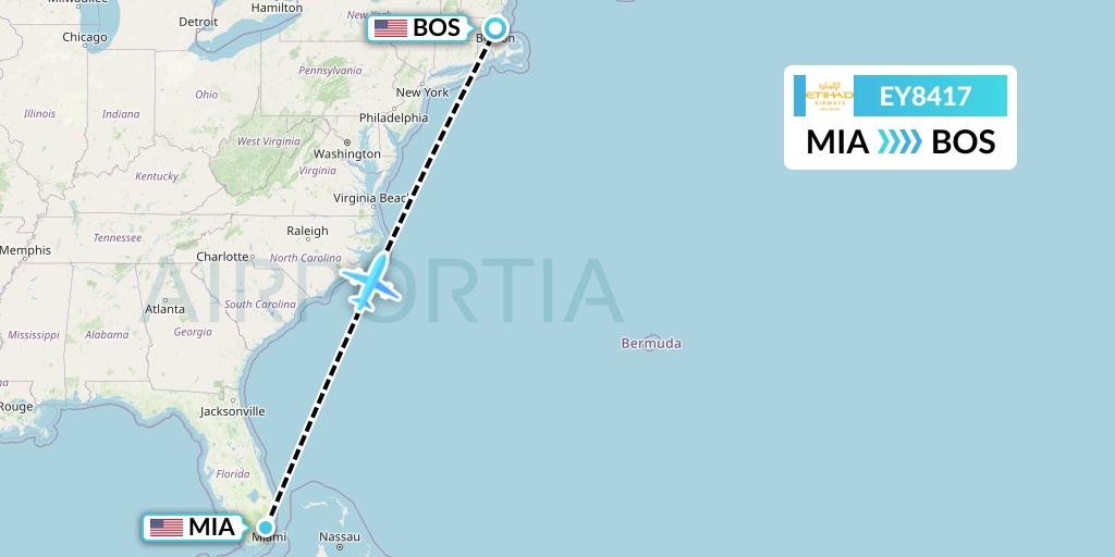 EY8417 Etihad Airways Flight Map: Miami to Boston