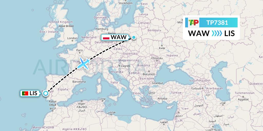TP7381 TAP Portugal Flight Map: Warsaw to Lisbon