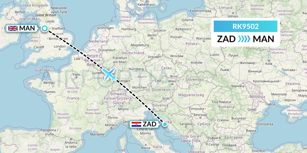 RK9502 Ryanair UK Flight Map: Zadar to Manchester