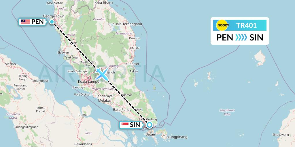 TR401 Tigerair Flight Map: Penang to Singapore