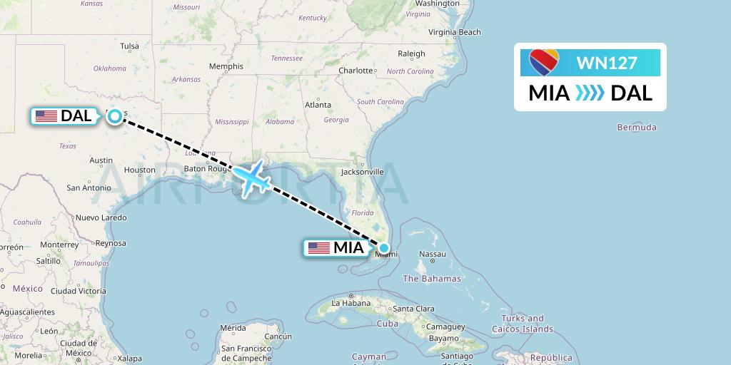WN127 Southwest Airlines Flight Map: Miami to Dallas