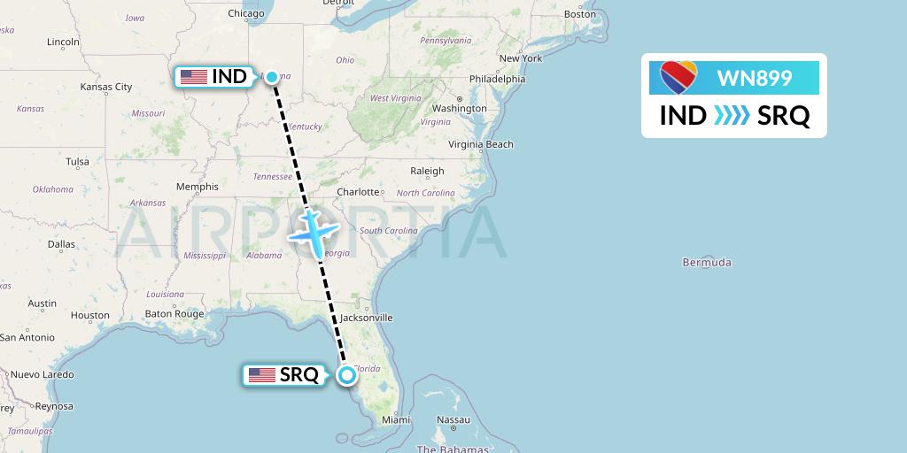 WN899 Southwest Airlines Flight Map: Indianapolis to Sarasota