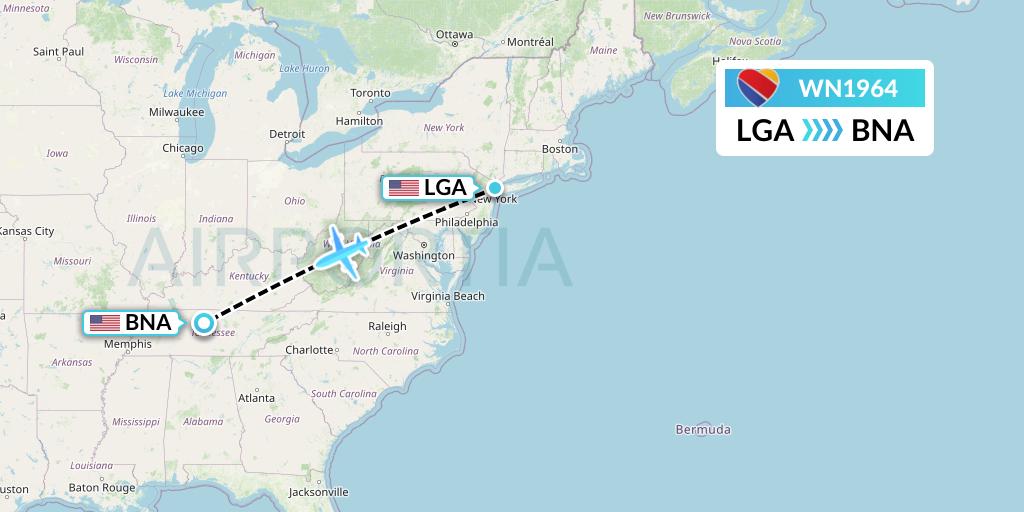 WN1964 Southwest Airlines Flight Map: New York to Nashville