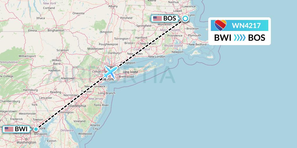 WN4217 Southwest Airlines Flight Map: Baltimore to Boston