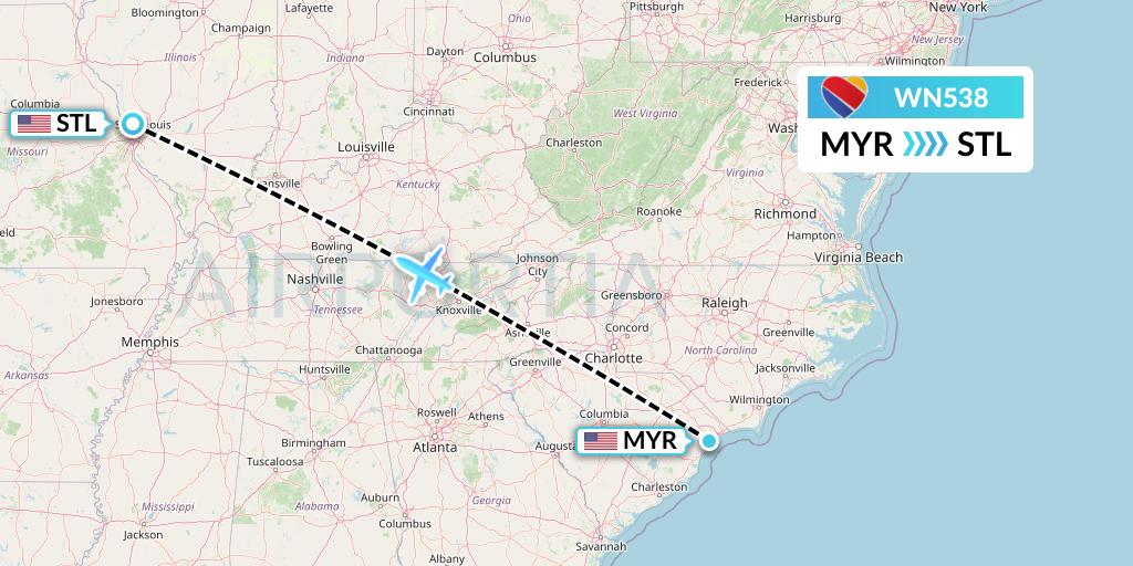 WN538 Southwest Airlines Flight Map: Myrtle Beach to St. Louis