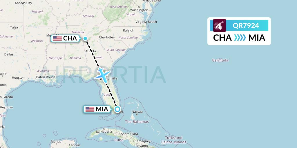 QR7924 Qatar Airways Flight Map: Chattanooga to Miami