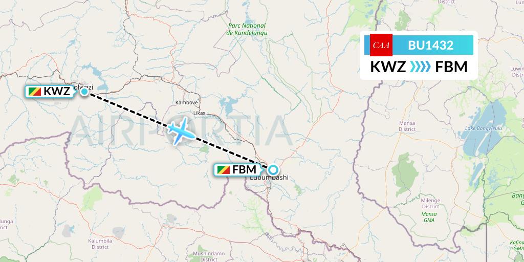 BU1432 flyCAA Flight Map: Congo to Lubumbashi