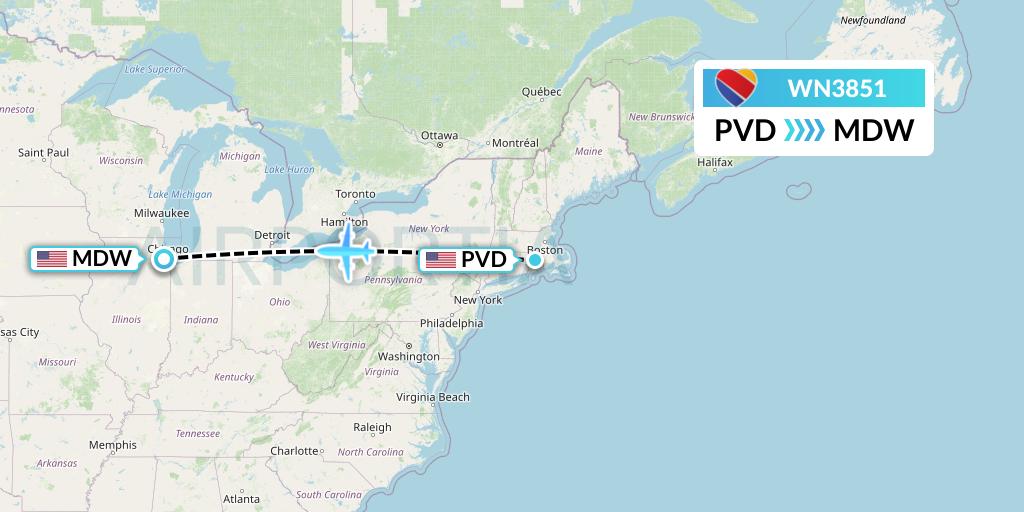 WN3851 Southwest Airlines Flight Map: Providence to Chicago