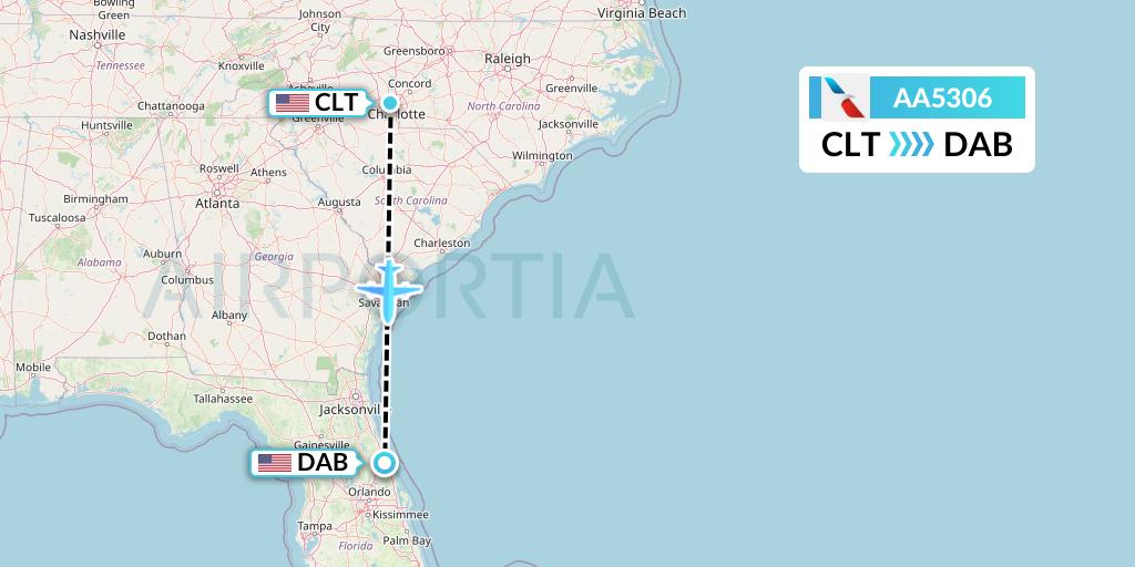 AA5306 American Airlines Flight Map: Charlotte to Daytona Beach
