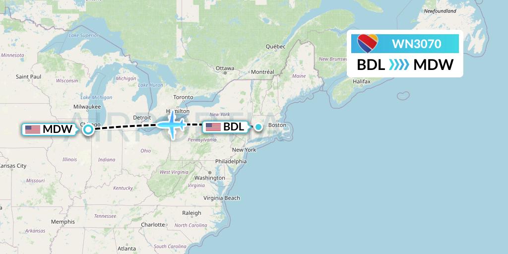 WN3070 Southwest Airlines Flight Map: Windsor Locks to Chicago